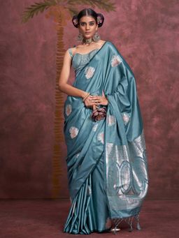 Vardha - Women Teal Synthetic Woven Saree with Unstitched Blouse