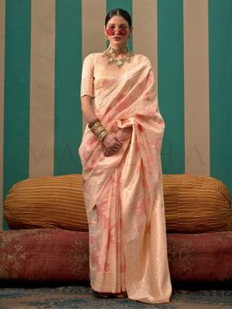 Vardha - Women Peach Synthetic Woven Saree with Unstitched Blouse