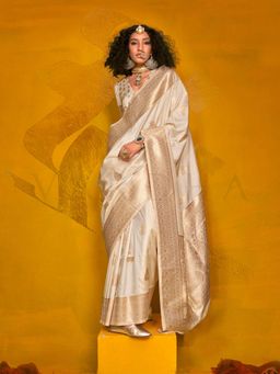 Vardha - Women White Synthetic Woven Saree with Unstitched Blouse