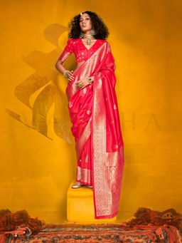 Vardha - Women Pink Synthetic Woven Saree with Unstitched Blouse