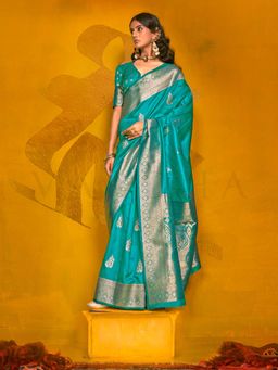 Vardha - Women Blue Synthetic Woven Saree with Unstitched Blouse