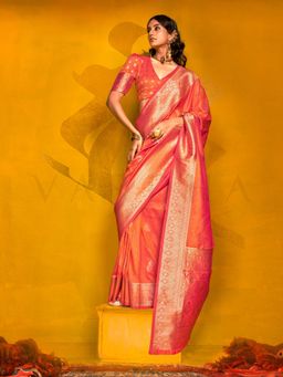 Vardha - Women Coral Synthetic Woven Saree with Unstitched Blouse