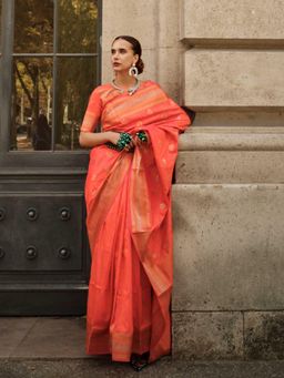 Vardha - Women Orange Synthetic Woven Saree with Unstitched Blouse