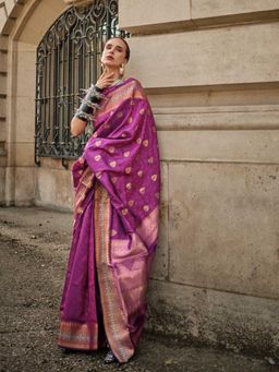 Vardha - Women Purple Synthetic Woven Saree with Unstitched Blouse