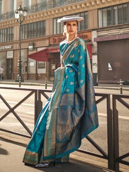 Vardha - Women Turquoise Synthetic Woven Saree with Unstitched Blouse