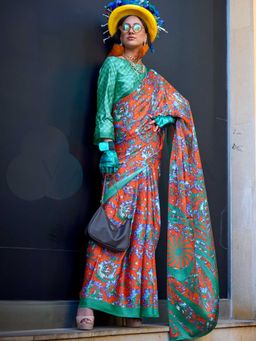 Vardha - Women Green Synthetic Floral Saree with Unstitched Blouse