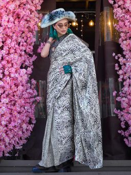 Vardha - Women White Synthetic Abstract Saree with Unstitched Blouse