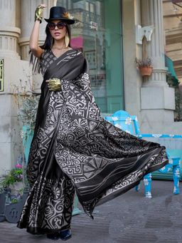 Vardha - Women Black Synthetic Abstract Saree with Unstitched Blouse