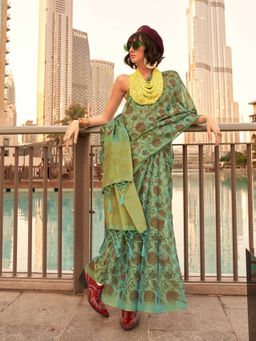 Vardha - Women Green Synthetic Floral Saree with Unstitched Blouse