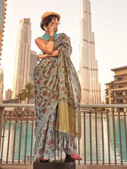 Vardha - Women Grey Synthetic Floral Saree with Unstitched Blouse