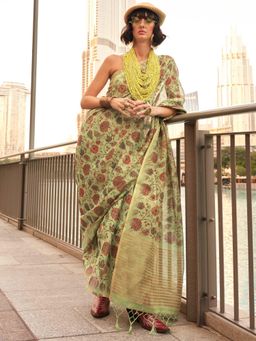 Vardha - Women Cream Synthetic Floral Saree with Unstitched Blouse