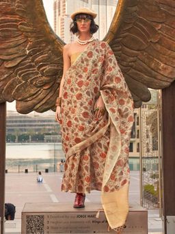 Vardha - Women Beige Synthetic Floral Saree with Unstitched Blouse