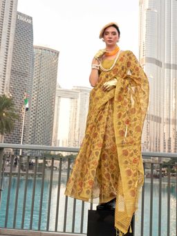 Vardha - Women Gold Synthetic Floral Saree with Unstitched Blouse