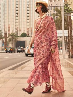 Vardha - Women Pink Synthetic Floral Saree with Unstitched Blouse