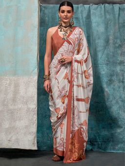 Vardha - Women Cream Synthetic Abstract Saree with Unstitched Blouse