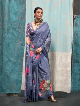 Vardha - Women Silver Synthetic Abstract Saree with Unstitched Blouse