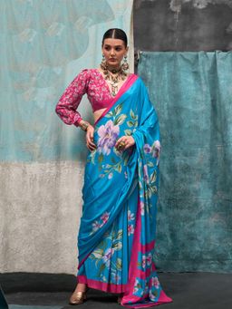 Vardha - Women Turquoise Synthetic Abstract Saree with Unstitched Blouse