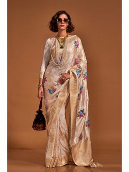 Vardha - Women Cream Synthetic Woven Saree with Unstitched Blouse