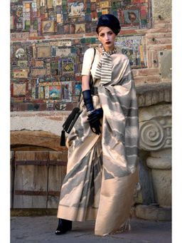 Vardha - Women Beige Synthetic Woven Saree with Unstitched Blouse