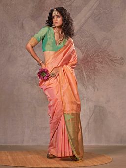 Vardha - Women Peach Synthetic Woven Saree with Unstitched Blouse