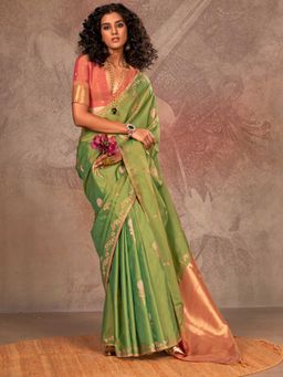 Vardha - Women Green Synthetic Woven Saree with Unstitched Blouse