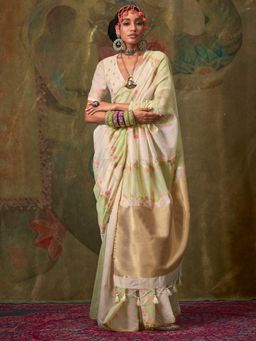 Vardha - Women Ivory Synthetic Woven Saree with Unstitched Blouse