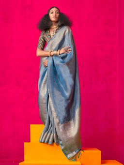 Vardha - Women Blue Synthetic Woven Saree with Unstitched Blouse