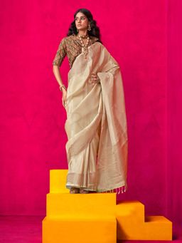 Vardha - Women Ivory Synthetic Woven Saree with Unstitched Blouse