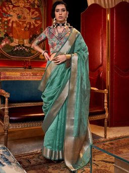 Vardha - Women Turquoise Synthetic Woven Saree with Unstitched Blouse
