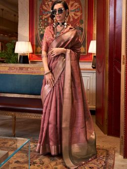 Vardha - Women Peach Synthetic Woven Saree with Unstitched Blouse
