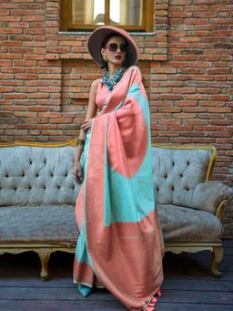 Vardha - Women Turquoise Synthetic Woven Saree with Unstitched Blouse