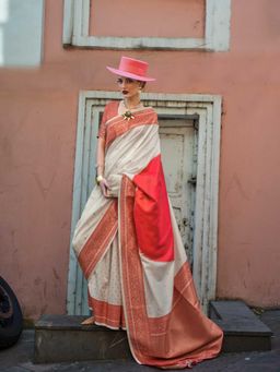 Vardha - Women Cream Synthetic Woven Saree with Unstitched Blouse