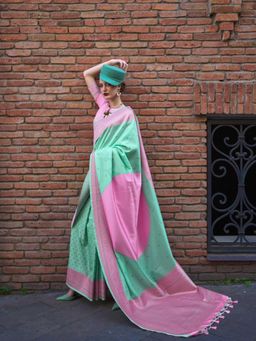 Vardha - Women Pink Synthetic Woven Saree with Unstitched Blouse