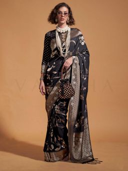 Vardha - Women Black Synthetic Woven Saree with Unstitched Blouse