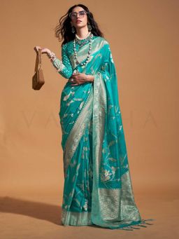 Vardha - Women Turquoise Synthetic Woven Saree with Unstitched Blouse