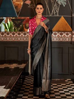 Vardha - Women Black Synthetic Woven Saree with Unstitched Blouse