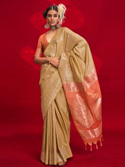 Vardha - Women Beige Synthetic Woven Saree with Unstitched Blouse