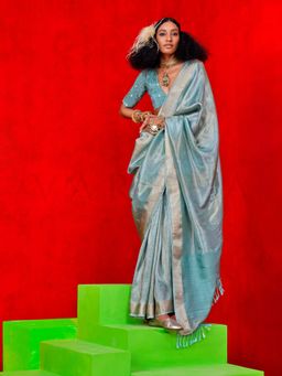 Vardha - Women Teal Synthetic Woven Saree with Unstitched Blouse