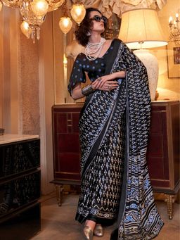 Vardha - Women Black Synthetic Printed Saree with Unstitched Blouse