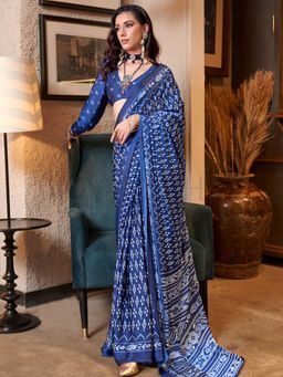 Vardha - Women Blue Synthetic Printed Saree with Unstitched Blouse