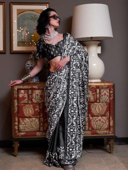 Vardha - Women White Synthetic Printed Saree with Unstitched Blouse
