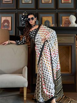 Vardha - Women White Synthetic Printed Saree with Unstitched Blouse