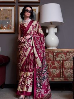 Vardha - Women Red Synthetic Printed Saree with Unstitched Blouse