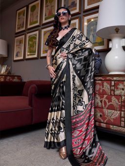 Vardha - Women Black Synthetic Printed Saree with Unstitched Blouse