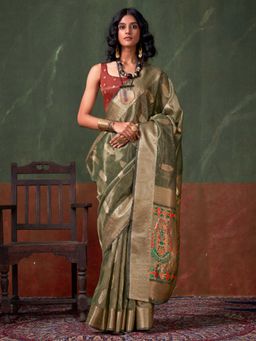 Vardha - Women Green Synthetic Woven Saree with Unstitched Blouse