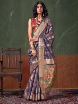 Vardha - Women Blue Synthetic Woven Saree with Unstitched Blouse