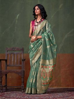 Vardha - Women Green Synthetic Woven Saree with Unstitched Blouse