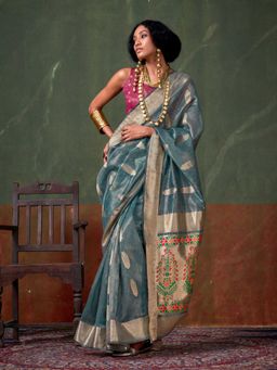 Vardha - Women Teal Synthetic Woven Saree with Unstitched Blouse