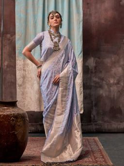 Vardha - Women White Synthetic Woven Saree with Unstitched Blouse