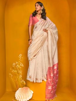 Vardha - Women Cream Synthetic Woven Saree with Unstitched Blouse